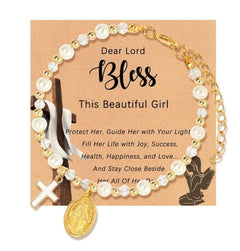 Blessed Pearl Cross Charm Bracelet — First Communion & Baptism Gift