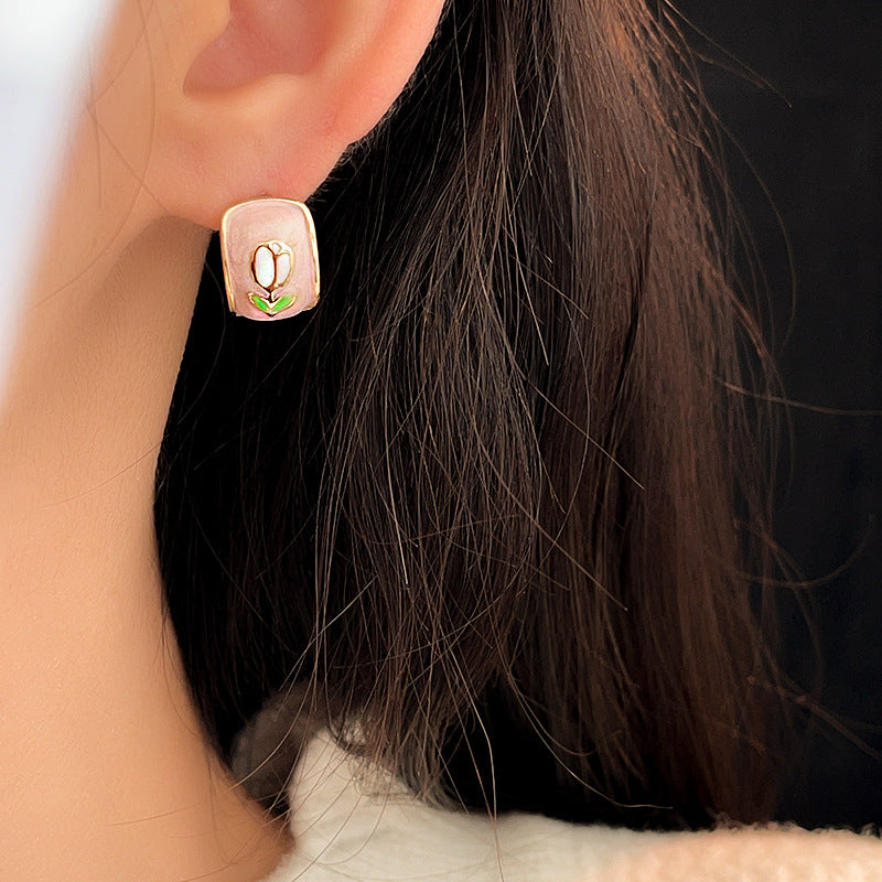 Blush-pink enamel rectangular studs with tulip motif and gold rim — Blush Tulip Cameo Studs.