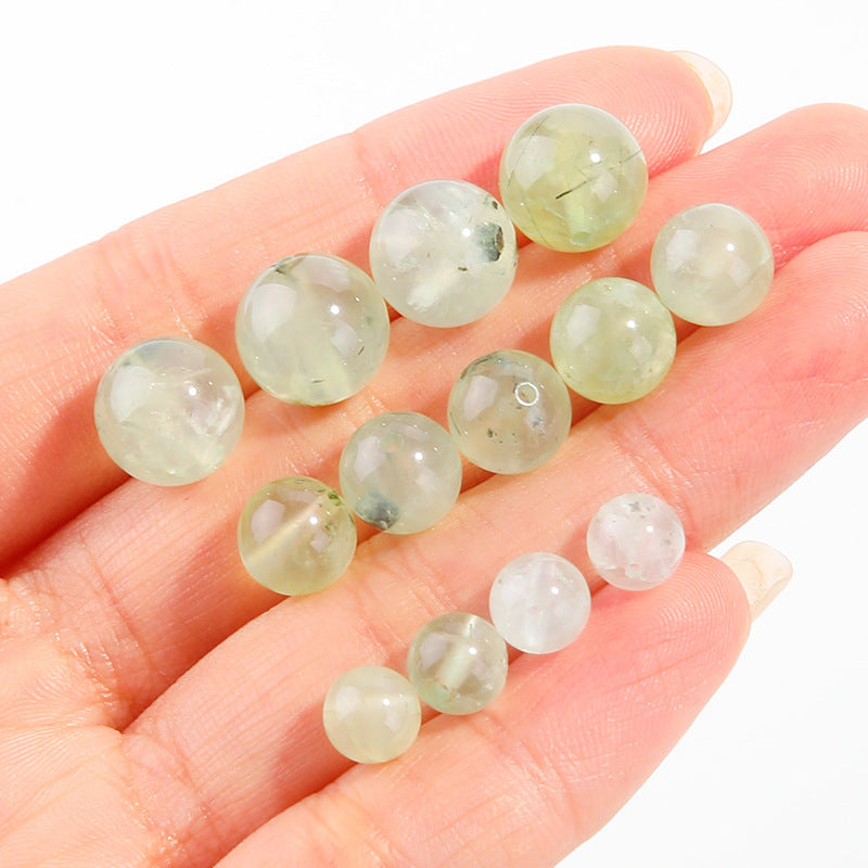 Apple-green prehnite round beads, translucent polish, assorted 6–10 mm — Apple Dew.