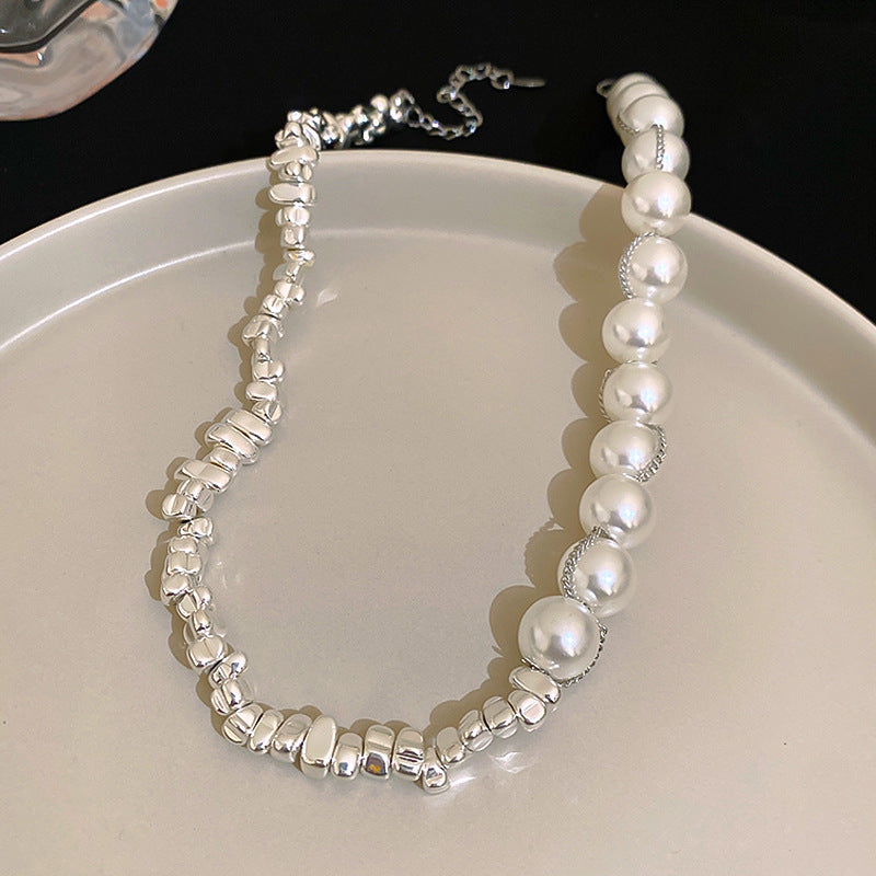 Glazenya Artificial Silver Fragment Pearl Choker — light luxury irregular pearl necklace with fragmented silver design, niche high-end collarbone chain accessory.