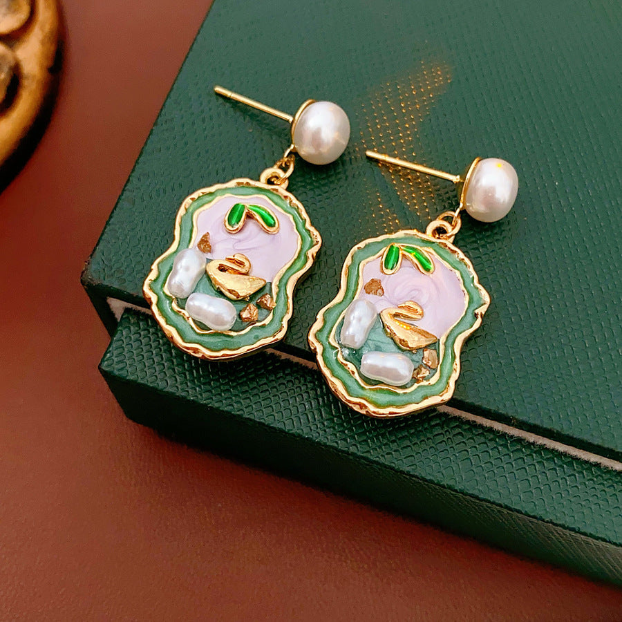 Pearl stud drop earrings with lilac and green enamel cameo and gold accents — Verdant Cameo Pearl Enamel Drops.