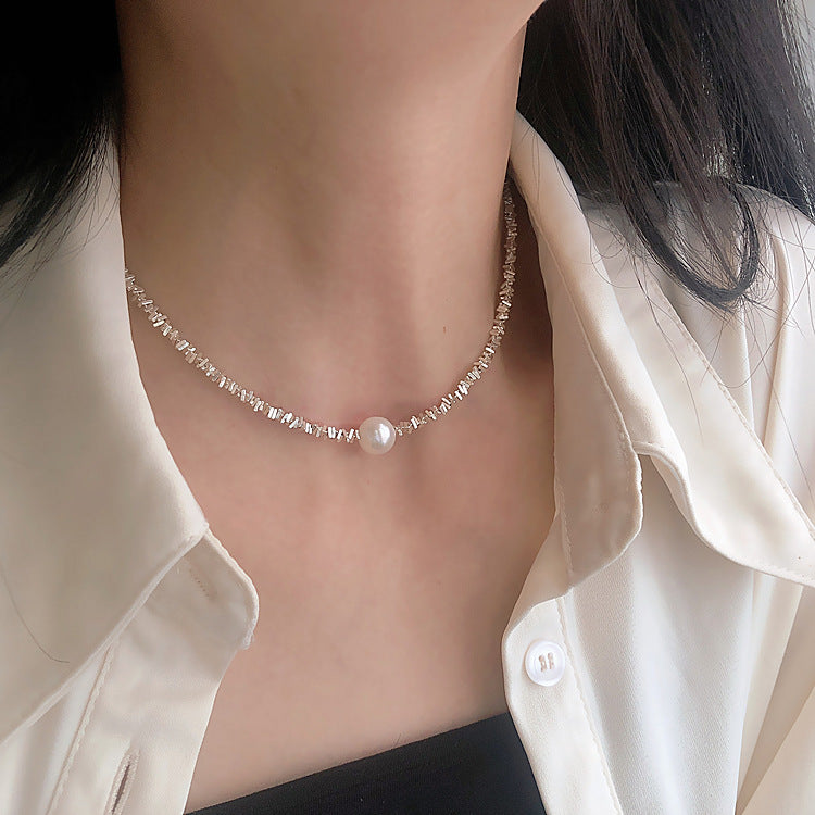 Glazenya Artificial Silver Fragment Pearl Choker — light luxury irregular pearl necklace with fragmented silver design, niche high-end collarbone chain accessory.