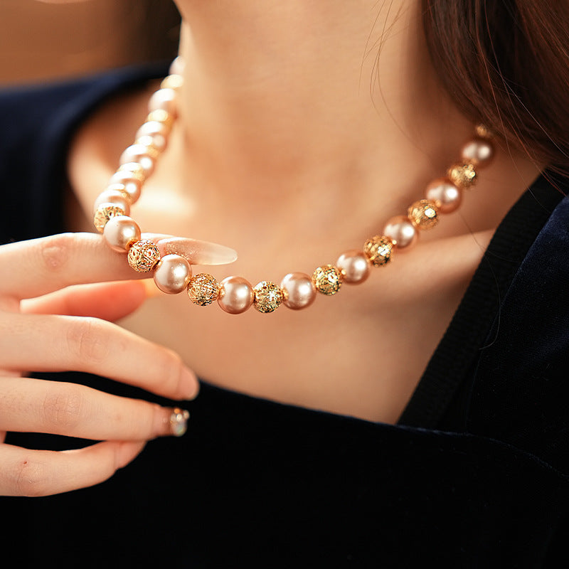 Regal Filigree Pearl Collection – champagne pearl necklace, bracelet, and earrings set by Glazenya