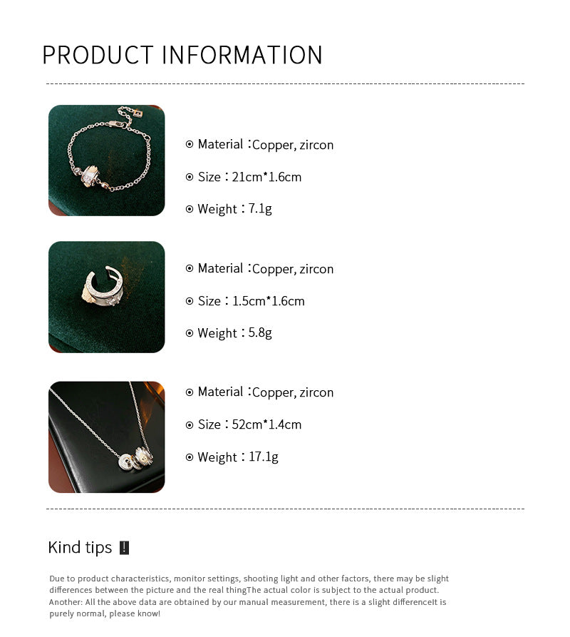 Ivory Glow Barrel Charm Collection — white enamel barrel-bead necklace, bracelet and right-ear cuff on black jewelry box, silver-tone chains with zircon details