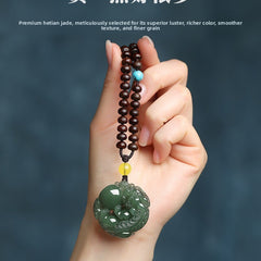 Hetian (nephrite) green jade medallion pendant close-up – Wishkeeper, 35×35×14 mm