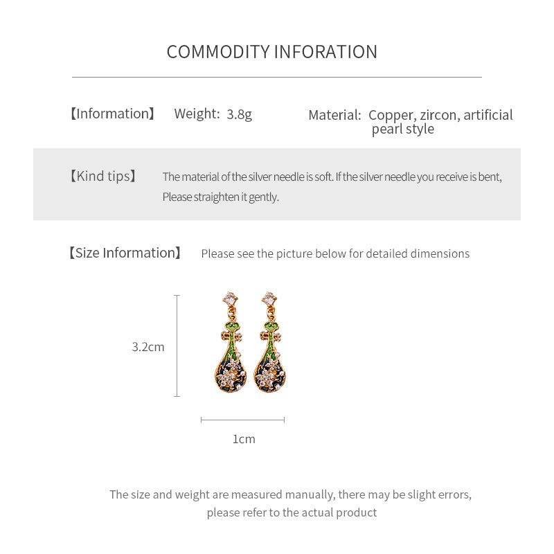 Gold-tone filigree drop earrings with green and blue enamel lute motifs, accented by zircons and tiny pearls — Verdant Lute Filigree Drops.