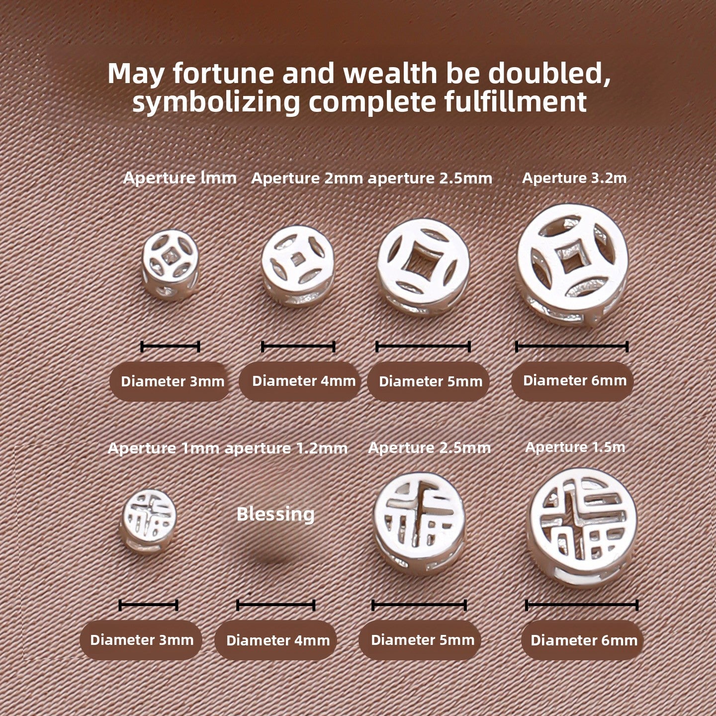 Lucky Grid · Silver-Plated Brass Spacer Beads (Fu & Coin Series)