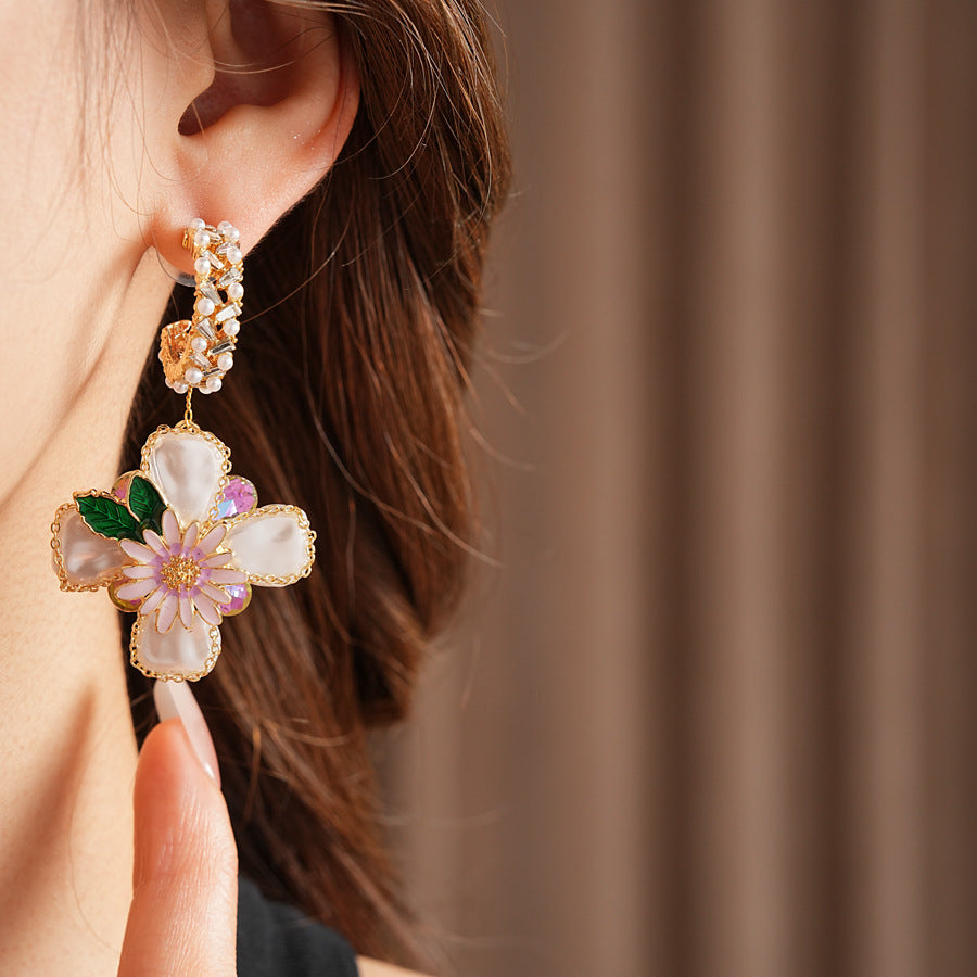 Romantic floral statement earrings with pink blossoms, imitation pearls, and enamel petals — Blossom Pearl Garden Earrings.