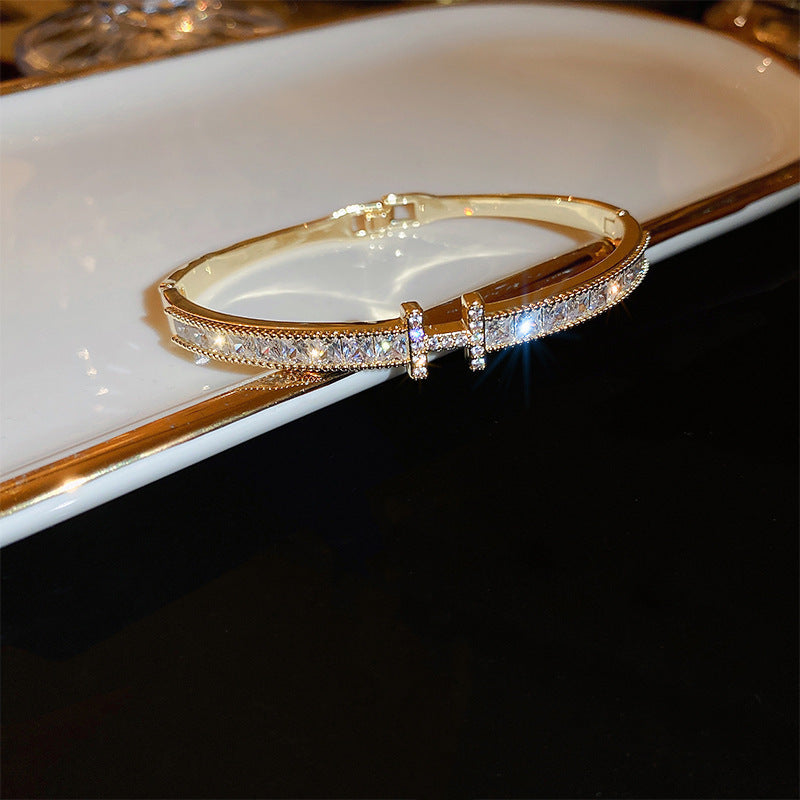 Dazzling Zircon Letter Bangle with copper base and zircon inlay – trendy cold chic jewelry
