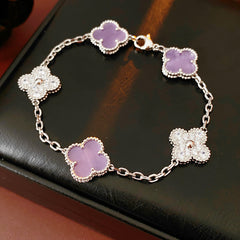 Violet Fleur Elegance Bracelet with violet clover motifs and golden beaded frames on chain