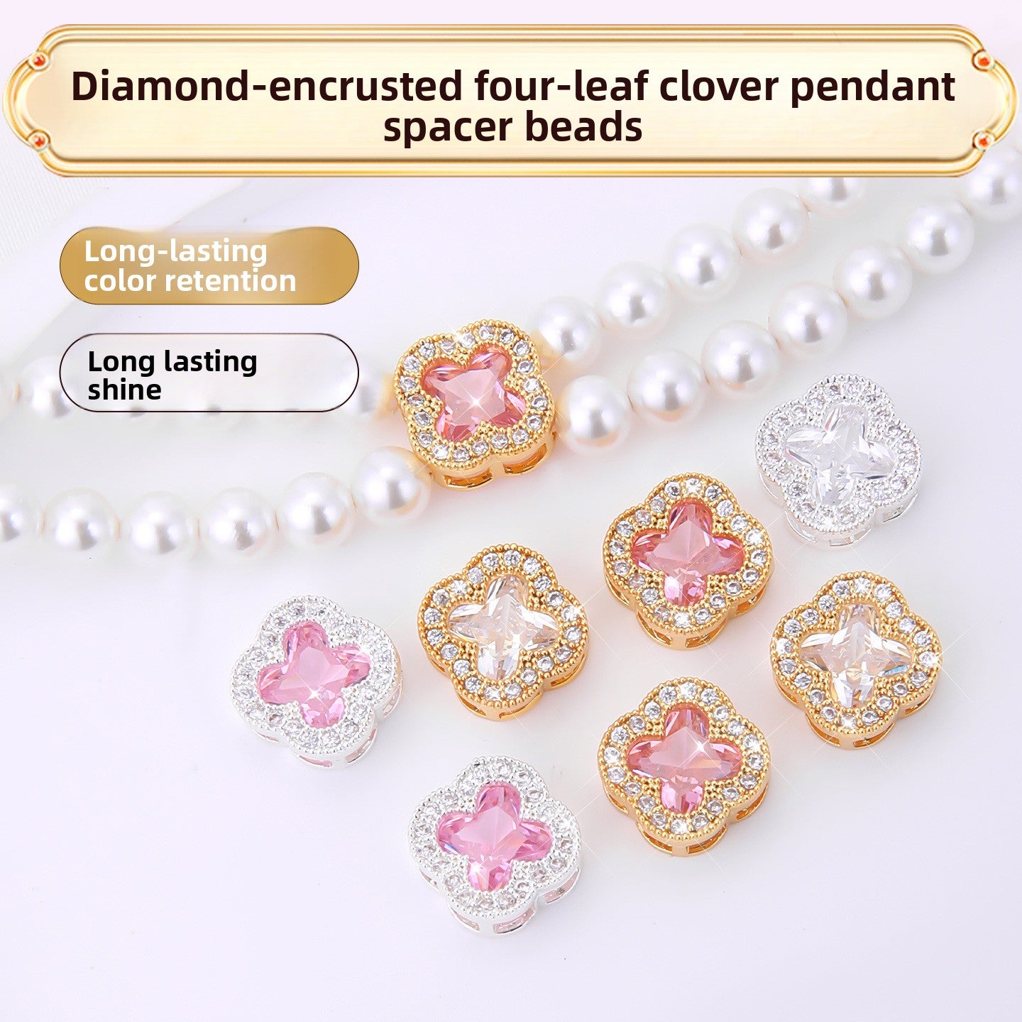 Luxe Quatrefoil spacer bead with pavé zircon halo (Ø11 mm, 2 mm hole).