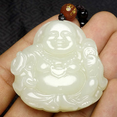 Hetian (nephrite) white jade Buddha pendant close-up – Prospering Joy, 41×41×11 mm