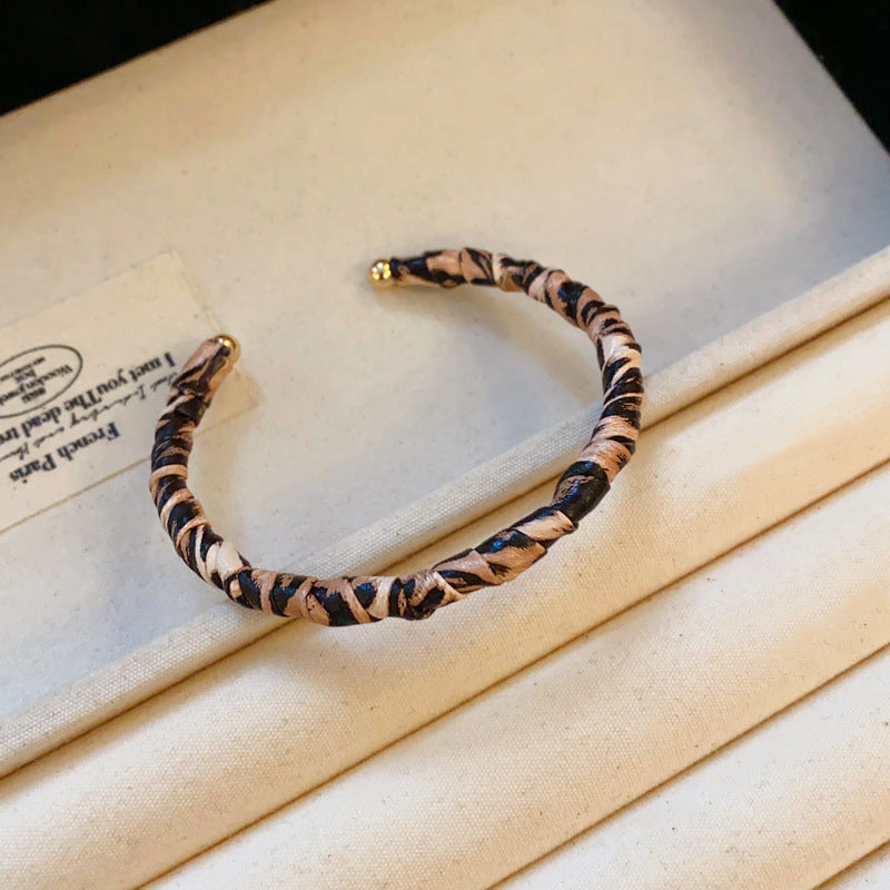 Gold leopard silk scarf cuff bracelet – luxury open bangle design