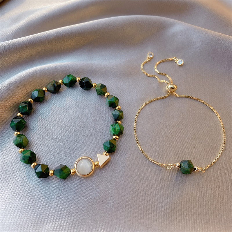 Faceted green stone beaded bracelet with geometric charm plus matching slider chain bracelet — Viridian Orbit Bracelet Set by Glazenya.