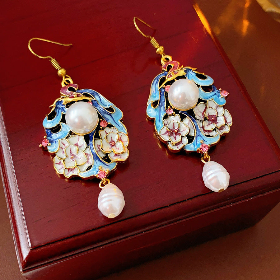 Vintage enamel floral drop earrings with imitation pearls and pink rhinestone accents — Enchanted Blossom Pearl Earrings.