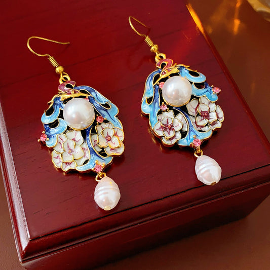Vintage enamel floral drop earrings with imitation pearls and pink rhinestone accents — Enchanted Blossom Pearl Earrings.