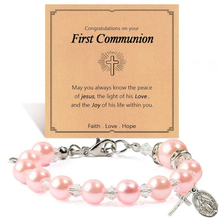 Blessed Pearl Cross Charm Bracelet — First Communion & Baptism Gift