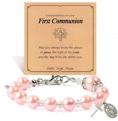 Blessed Pearl Cross Charm Bracelet — First Communion & Baptism Gift