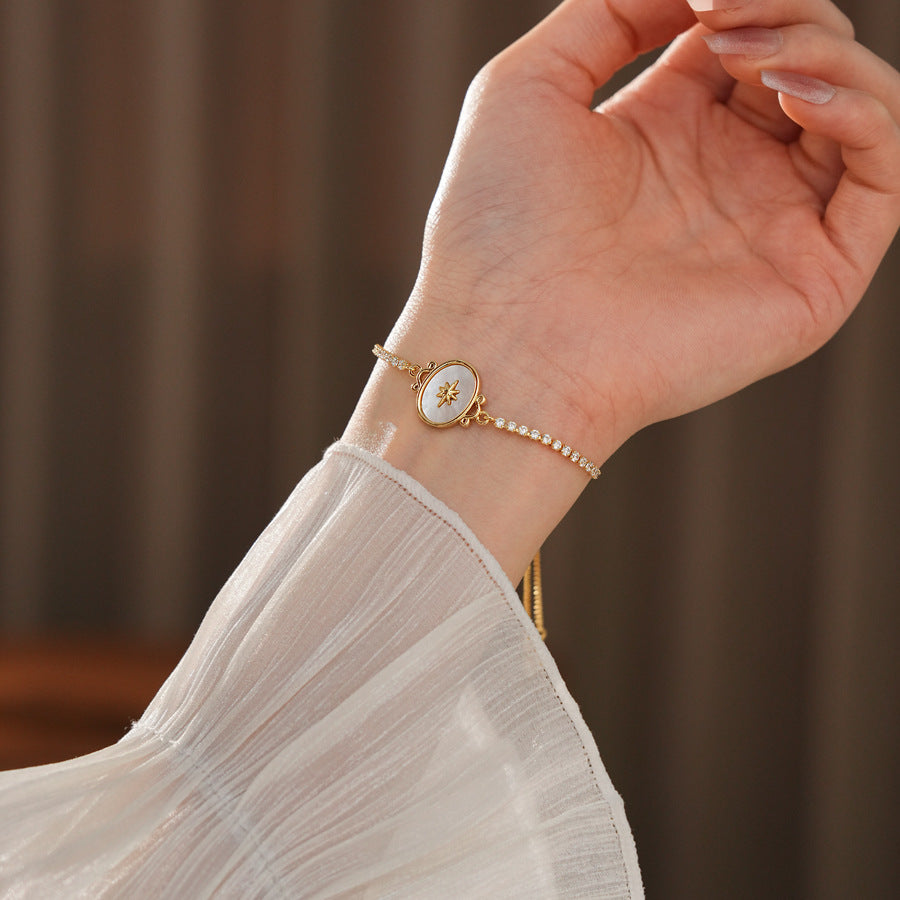 Celestial Cameo Bolo Bracelet with star oval centerpiece and half-tennis zircon row – Glazenya