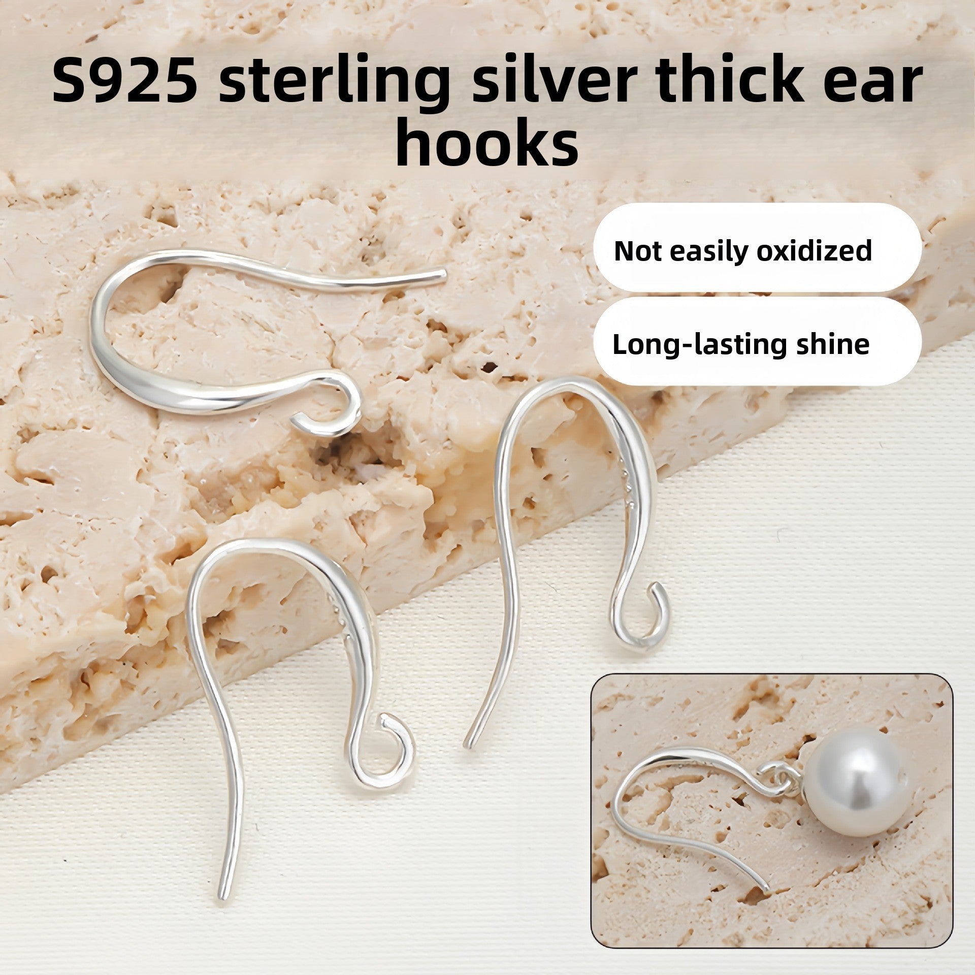 ArcGlow S925 sterling silver ear hooks, 15×9 mm with ~1.5 mm open loop.