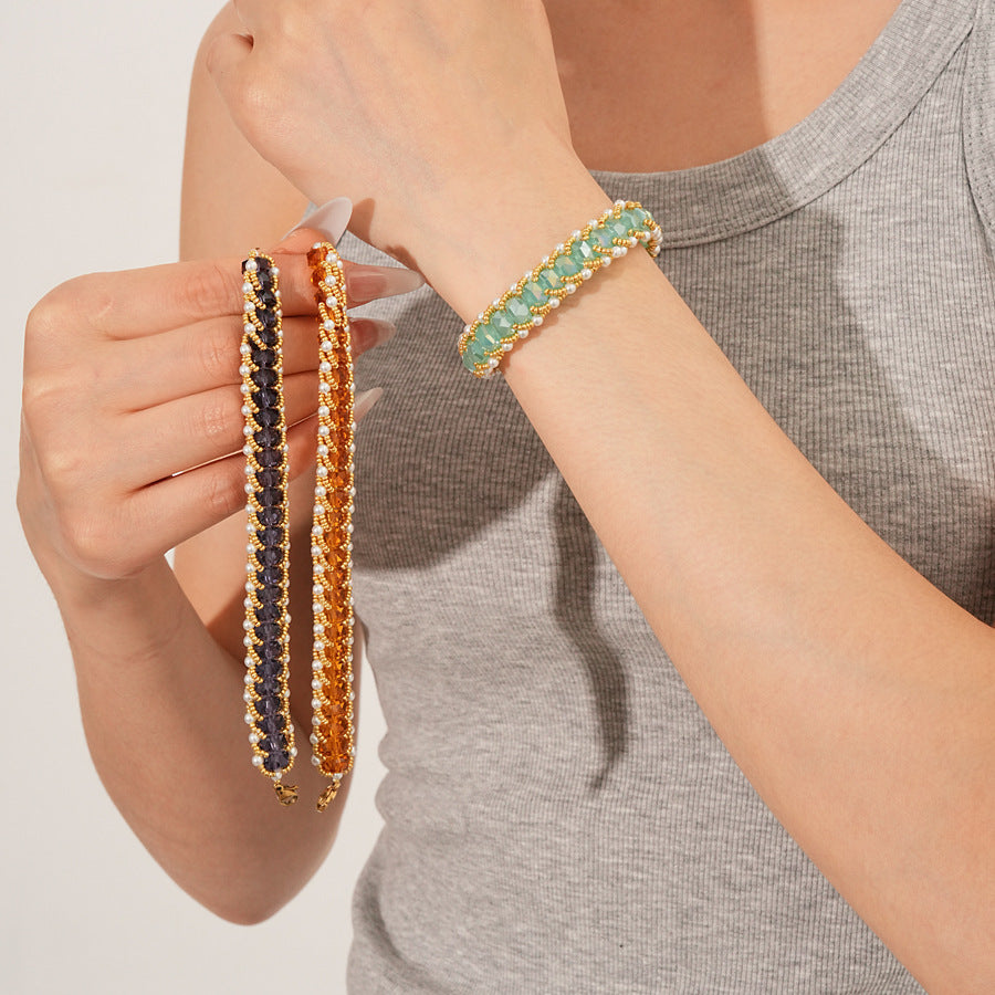 Braided glass-pearl and crystal bracelet with gold extender chain in Coffee Amber/Violet/Jade Green — Braided Pearl Crystal Bracelet.