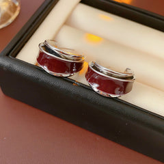 Gloss enamel crescent hoop earrings in red and white with metallic trim — Gloss Enamel Crescent Hoops.