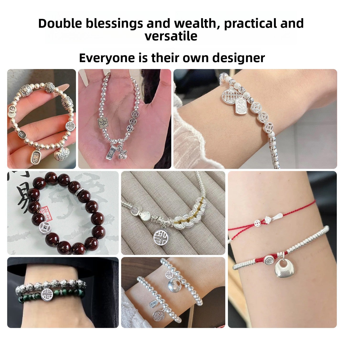 Lucky Grid · Silver-Plated Brass Spacer Beads (Fu & Coin Series)