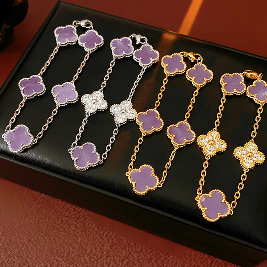 Violet Fleur Elegance Bracelet with violet clover motifs and golden beaded frames on chain