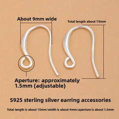 ArcGlow S925 sterling silver ear hooks, 15×9 mm with ~1.5 mm open loop.