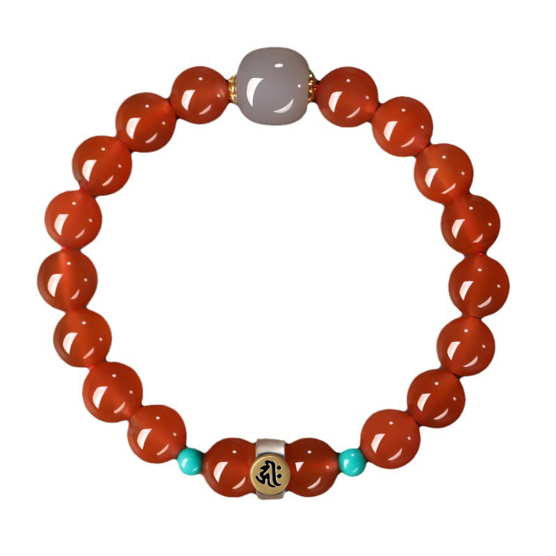Collectible-grade Hetian jade bracelet with high-ice red agate centerpiece and turquoise accents — Crimson Serenity Hetian Jade Bracelet.