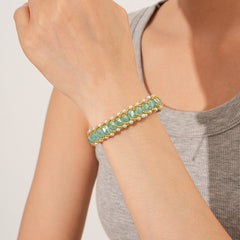 Braided glass-pearl and crystal bracelet with gold extender chain in Coffee Amber/Violet/Jade Green — Braided Pearl Crystal Bracelet.