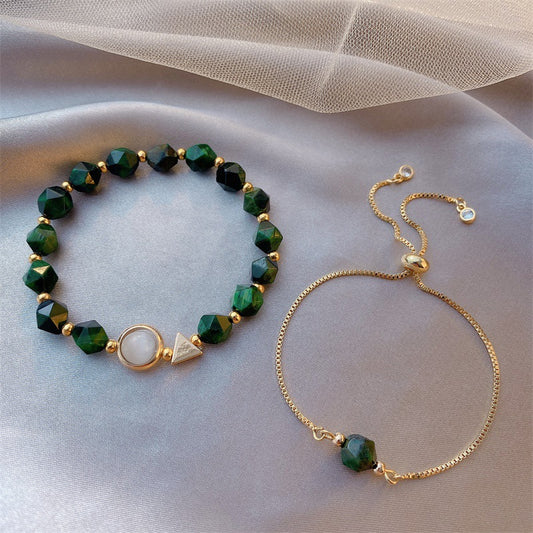 Faceted green stone beaded bracelet with geometric charm plus matching slider chain bracelet — Viridian Orbit Bracelet Set by Glazenya.