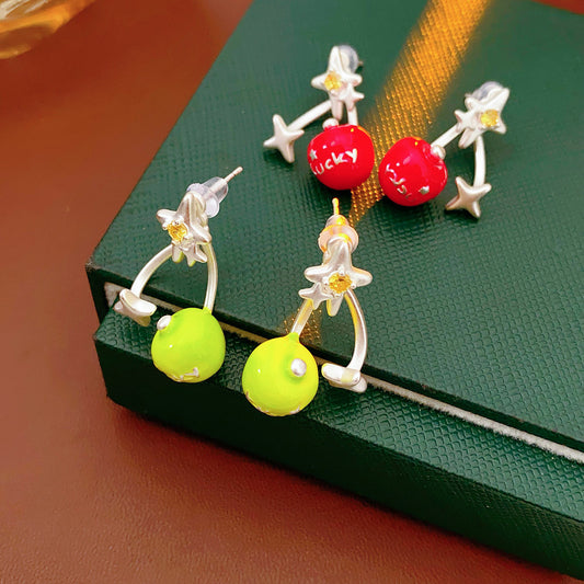 Lucky Star charm drop earrings with zircon accents in red and green