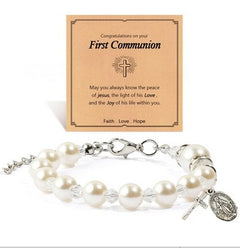 Blessed Pearl Cross Charm Bracelet — First Communion & Baptism Gift