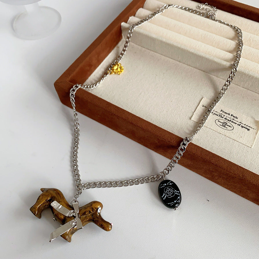 Silver-tone chain necklace with glossy resin dachshund pendant — Coffee and Black options — Dapper Dachshund Charm Necklace.