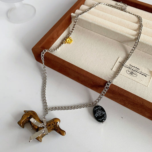 Silver-tone chain necklace with glossy resin dachshund pendant — Coffee and Black options — Dapper Dachshund Charm Necklace.