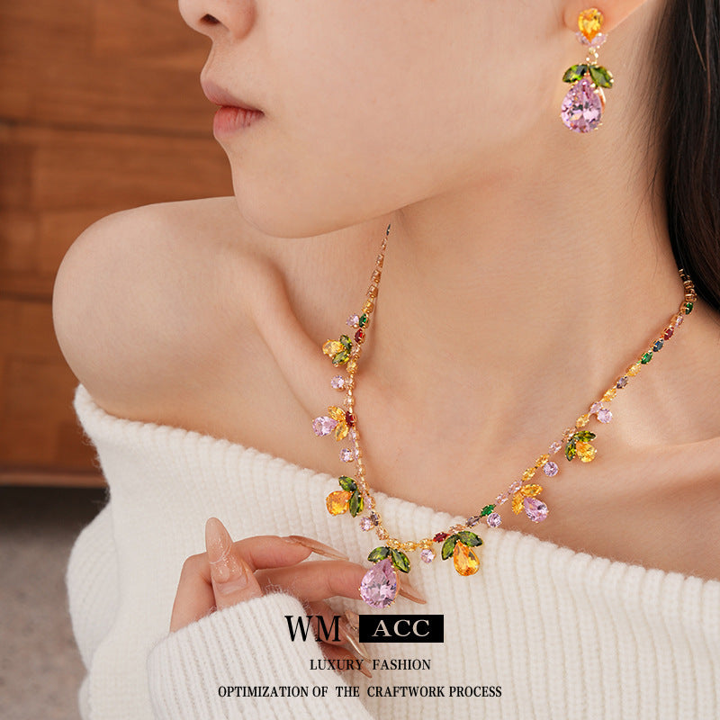 Glazenya Celestial Leaf Zircon Drop Jewelry Set — colorful water-drop zircon stones with leaf motifs; light-luxury necklace set with matching earrings and bracelet/ring variants