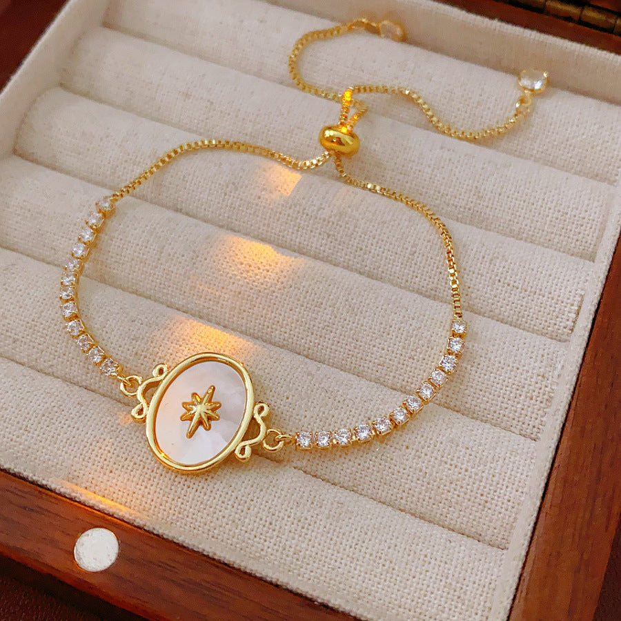 Celestial Cameo Bolo Bracelet with star oval centerpiece and half-tennis zircon row – Glazenya