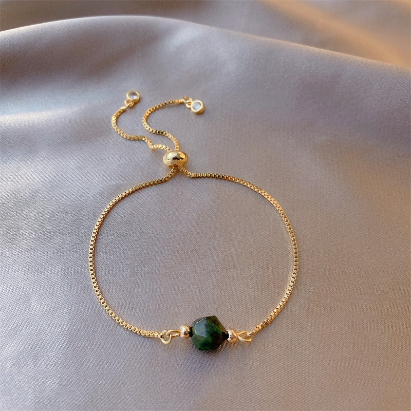 Faceted green stone beaded bracelet with geometric charm plus matching slider chain bracelet — Viridian Orbit Bracelet Set by Glazenya.