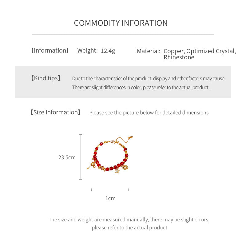 Aurora Red Prosperity Bracelet with red crystal beads and golden fortune charms—star, coin, and drum—on adjustable chain – Glazenya