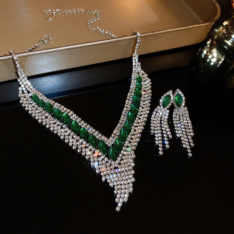 Glazenya Celestial Leaf Zircon Drop Jewelry Set — colorful water-drop zircon stones with leaf motifs; light-luxury necklace set with matching earrings and bracelet/ring variants