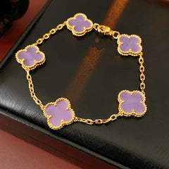Violet Fleur Elegance Bracelet with violet clover motifs and golden beaded frames on chain