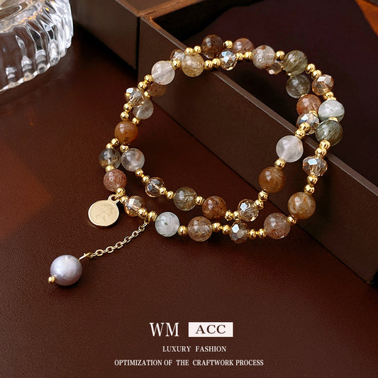 Multi-layer bracelet with crystal medallion and pearl beads in chic style
