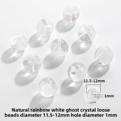 Clear quartz crystal rounds with white phantom inclusions and faint rainbow flash — Frostbow Atrium (7–14 mm).