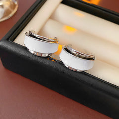 Gloss enamel crescent hoop earrings in red and white with metallic trim — Gloss Enamel Crescent Hoops.