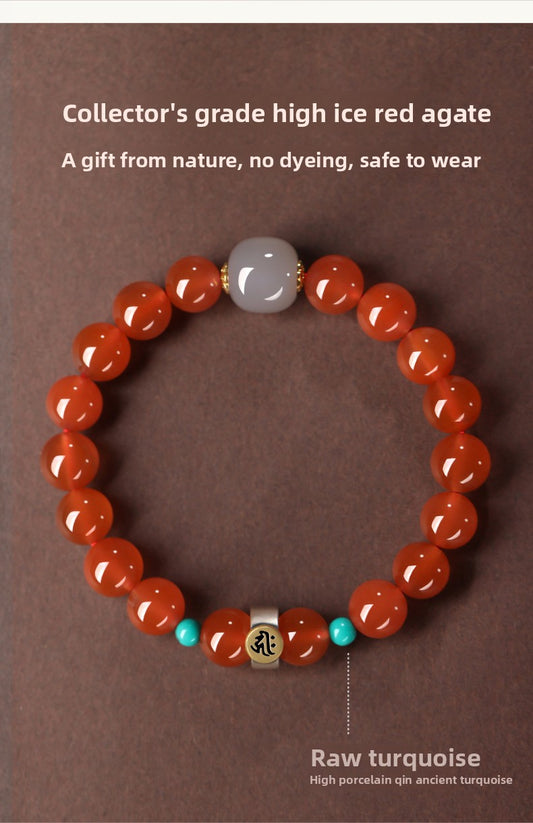 Collectible-grade Hetian jade bracelet with high-ice red agate centerpiece and turquoise accents — Crimson Serenity Hetian Jade Bracelet.