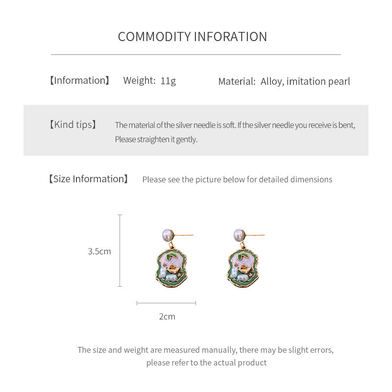 Pearl stud drop earrings with lilac and green enamel cameo and gold accents — Verdant Cameo Pearl Enamel Drops.