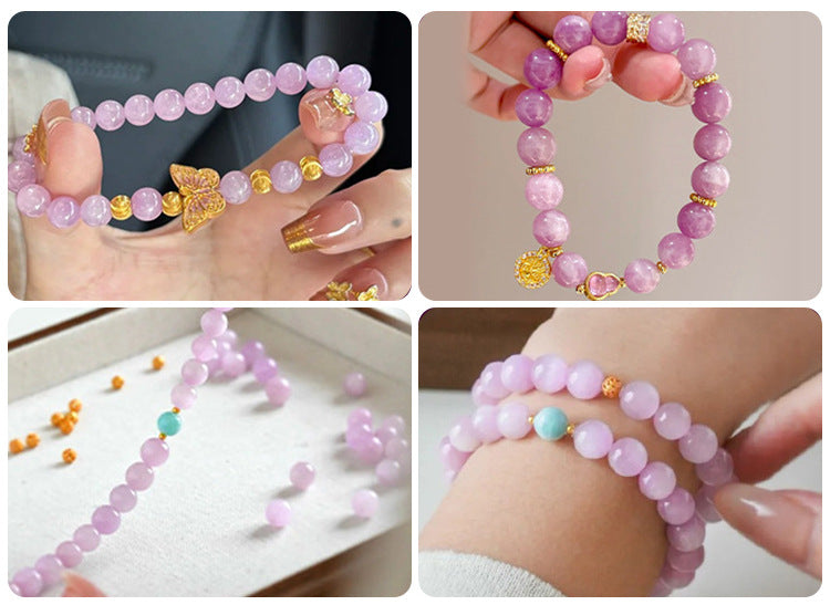Pink-lilac kunzite round beads with silky glow, assorted 6–13 mm — Sakura Haze.