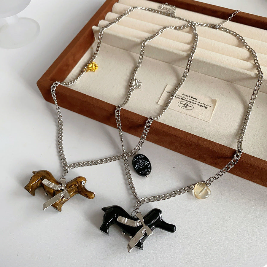 Silver-tone chain necklace with glossy resin dachshund pendant — Coffee and Black options — Dapper Dachshund Charm Necklace.