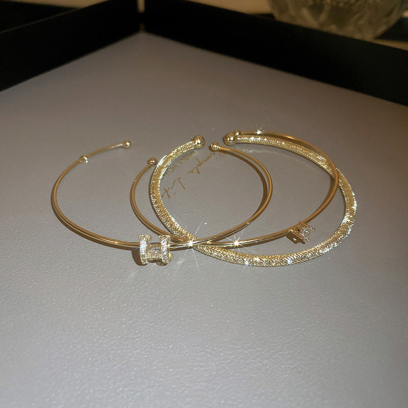 Gold-Plated Zircon Initial Bangle Series – Minimalist Open Circle Design